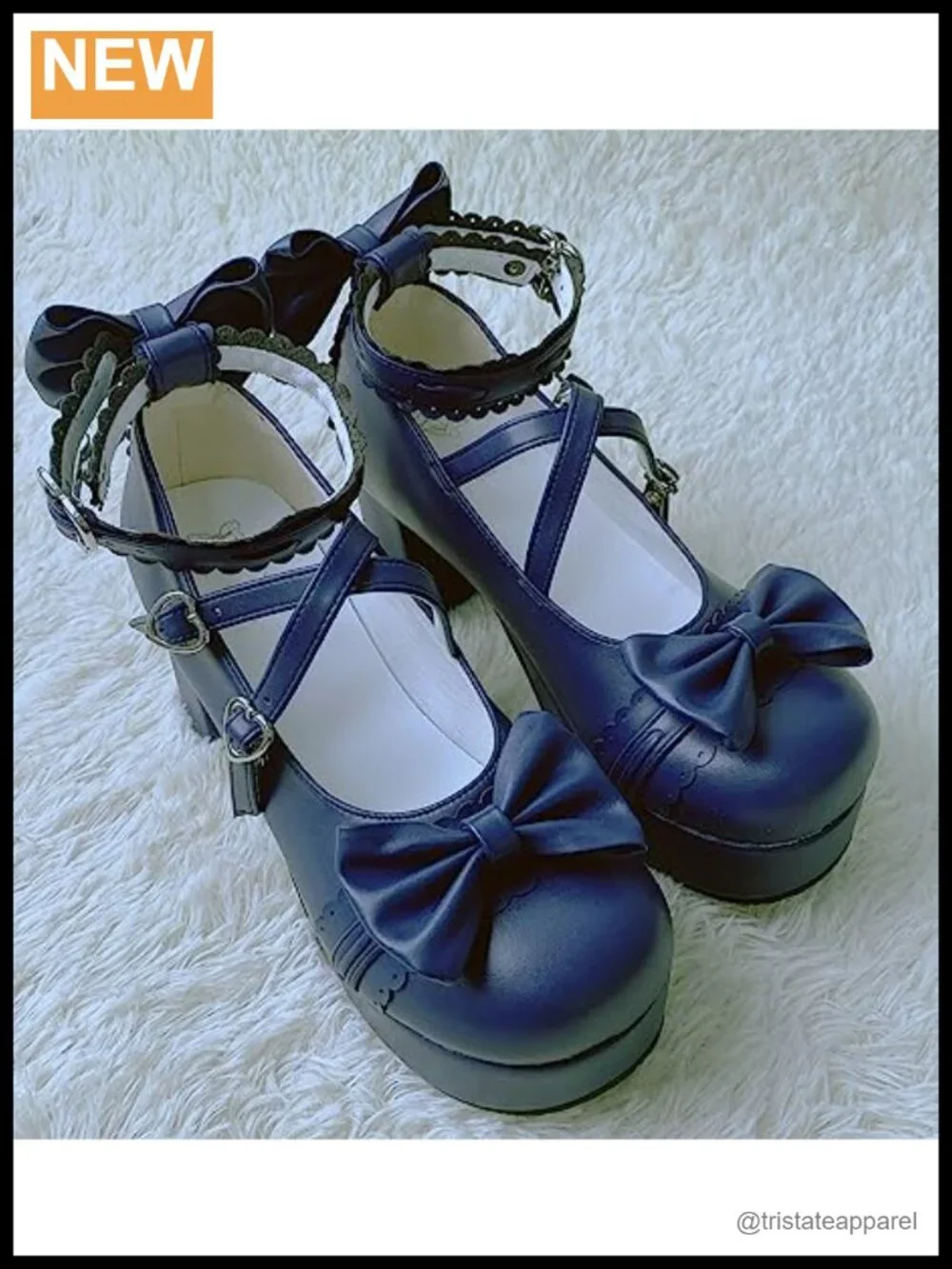 Lolita Platform Heels Ankle Strap Pumps Faux Leather Chunky Block Heel